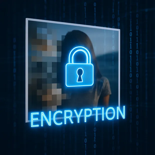 A glowing padlock icon over a pixelated photo signifies data protection through encryption. The word “ENCRYPTION” appears in bold neon text, emphasizing digital privacy and security.