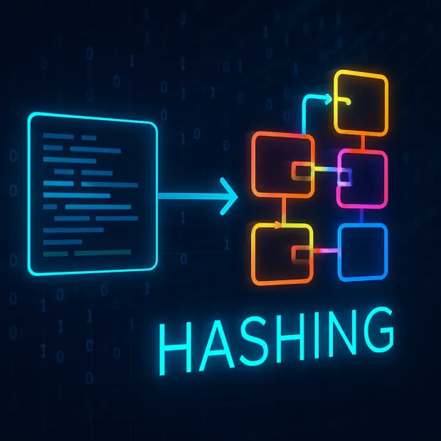 A glowing visual representation of the hashing process, where structured data is transformed into interconnected blocks. Highlights the concept of converting input into fixed-length hash values for secure storage or verification.