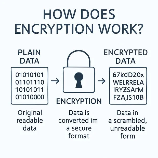 A visual flowchart explains encryption, showing plain binary data converted into scrambled encrypted text through a padlock symbol. Labels clarify the transformation from readable data to a secure, unreadable format.