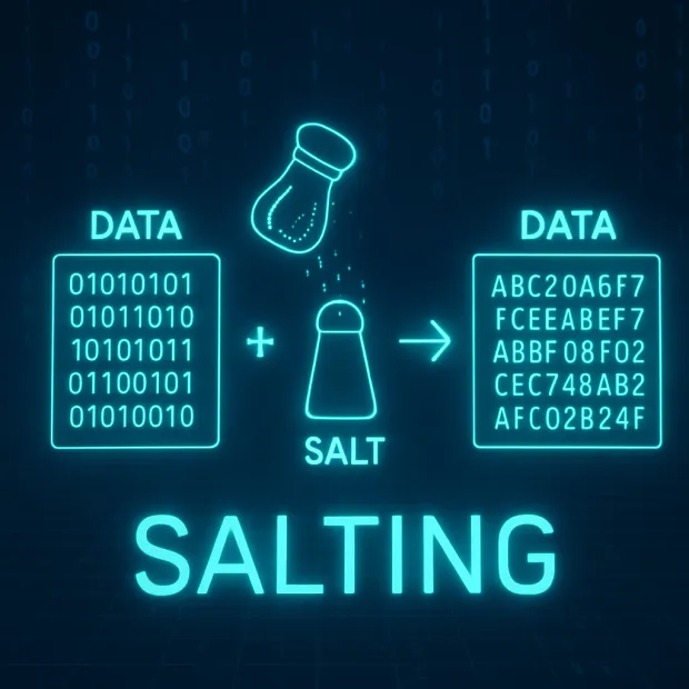 Visual representation of salting in cybersecurity, showing how raw binary data is combined with salt to produce randomized, secure output. Highlights the role of salt in enhancing password protection.