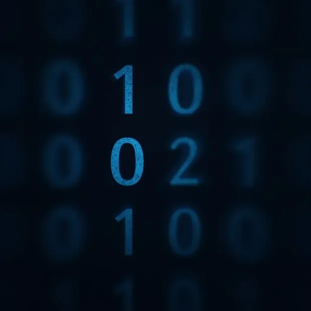 Close-up of glowing binary-style numbers in blue, featuring '1021' prominently. The background shows blurred sequences of 0s and 1s in a digital pattern.