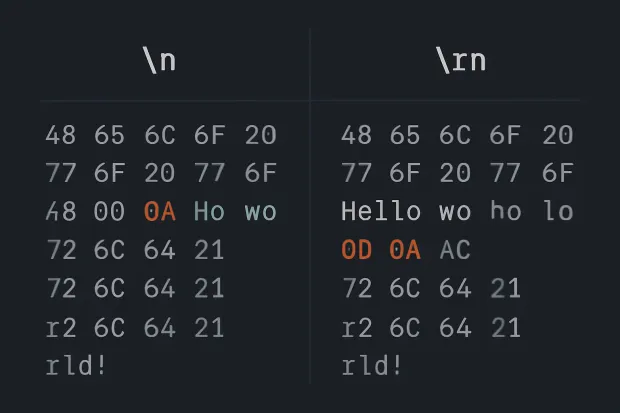 Side-by-side comparison of newline characters: \n vs \r\n. Shows hexadecimal and text representation differences in line breaks.