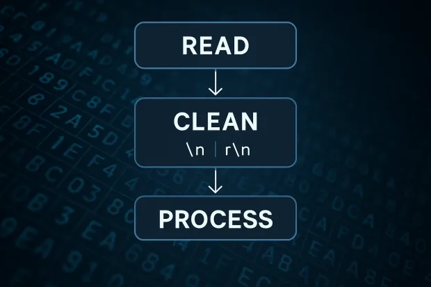 Flowchart showing data handling steps: READ → CLEAN (\n | \r\n) → PROCESS. Highlights importance of handling end-of-line characters across environments.