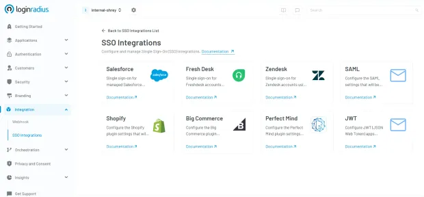 Screenshot of the LoginRadius dashboard showing the "SSO Integrations" section. Lists integration options, including Salesforce, Fresh Desk, Zendesk, SAML, Shopify, Big Commerce, Perfect Mind, and JWT with links to documentation.