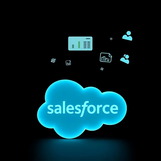 Salesforce cloud logo glowing in blue. Above it are floating icons representing data, charts, documents, and users.