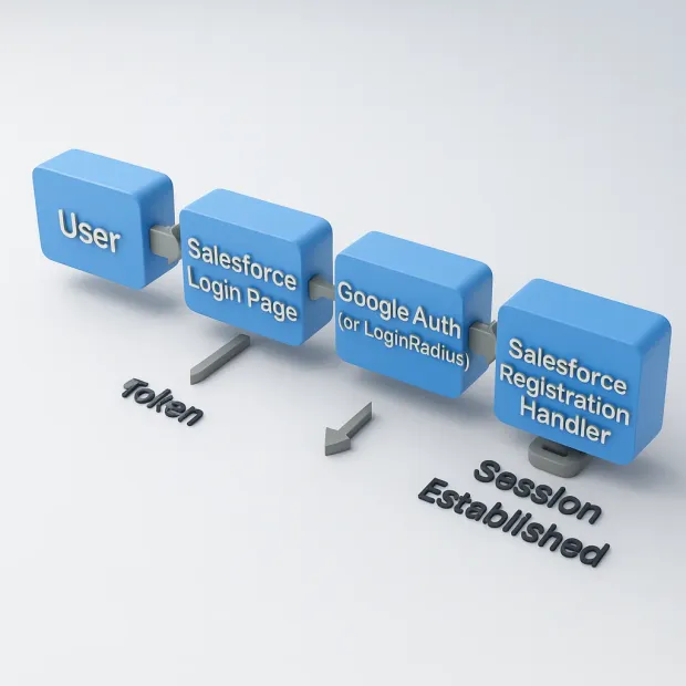 Flowchart showing Salesforce login authentication process: User → Salesforce Login Page → Google Auth (or LoginRadius) → Salesforce Registration Handler. Tokens are exchanged, leading to session establishment.