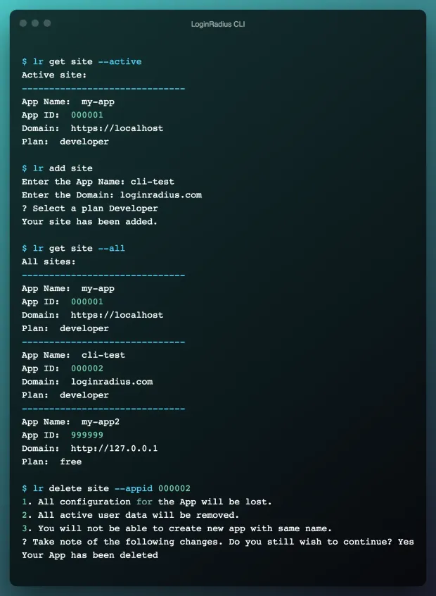 Site Management in LoginRadius CLI