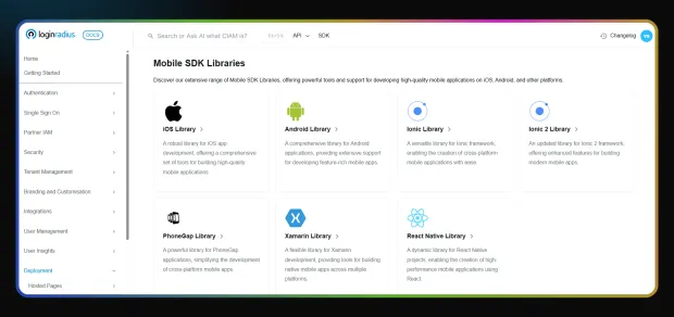 LoginRadius dashboard showing Mobile SDK Libraries including iOS, Android, Ionic, PhoneGap, Xamarin, and React Native.