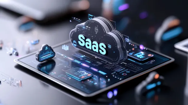3D illustration of a tablet displaying cloud technology with the word 'SaaS' in a large cloud icon. Digital futuristic graphics represent software as a service concept.