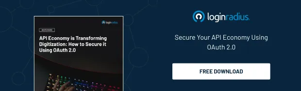 LoginRadius promotional banner offering a whitepaper on securing API economy with OAuth 2.0. Includes a free download button and company branding.