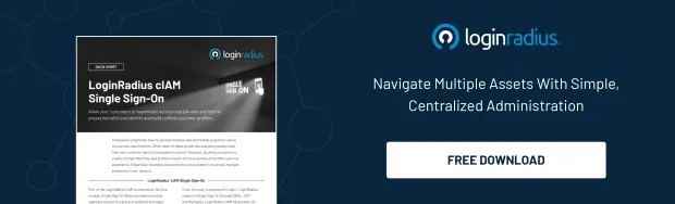 A promotional banner displaying a LoginRadius Single Sign-On brochure beside the LoginRadius logo and the text “Navigate Multiple Assets With Simple, Centralized Administration.” A white “Free Download” button appears on the right over a dark blue background.
