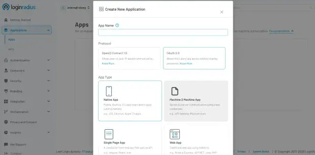 LoginRadius dashboard showing the application creation screen with OAuth 2.0 and OpenID Connect options.