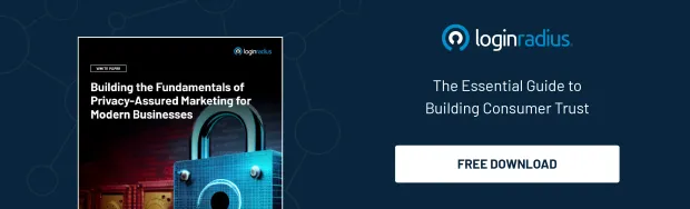 A promotional banner featuring a LoginRadius guide titled “Building the Fundamentals of Privacy-Assured Marketing for Modern Businesses,” with a large padlock image on the cover.