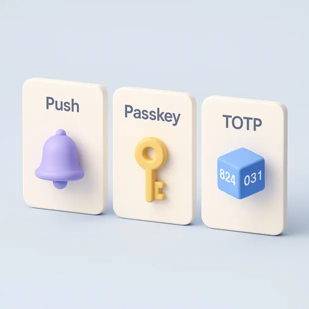 Three security method icons labeled Push, Passkey, and TOTP, each displayed on a separate card.