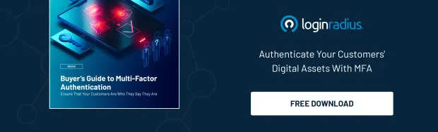 Banner promoting LoginRadius' eBook titled "Buyer’s Guide to Multi-Factor Authentication," highlighting customer authentication with a call-to-action for free download.