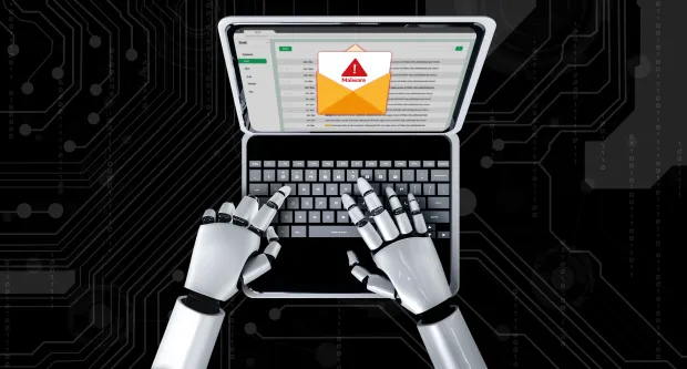 illustration showing artificial intelligence and phishing detection through robotic arms working on laptop to detect phishing emails.