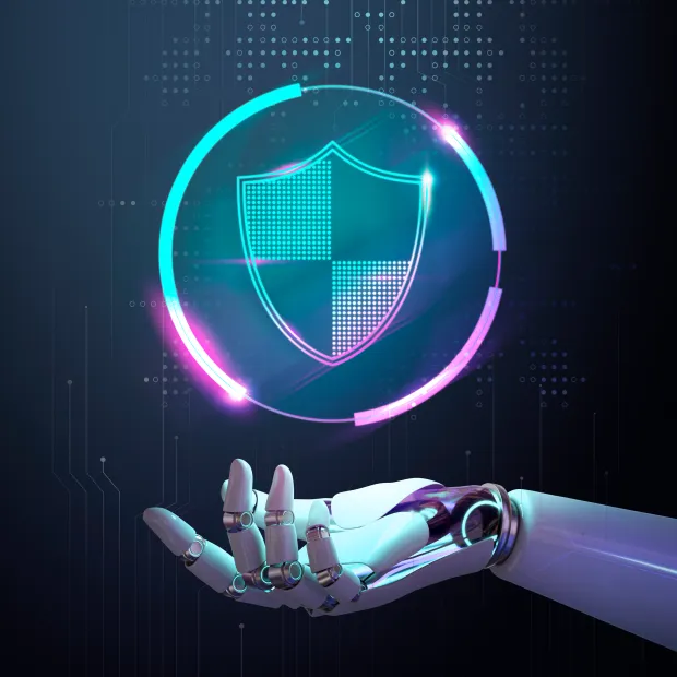 Illustration portraying AI and cybersecurity with a robotic hand with a security shield.