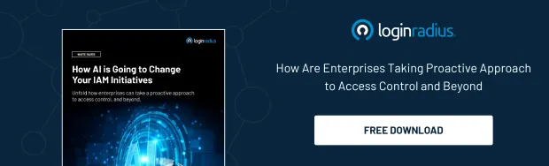 Promotional graphic showing a LoginRadius eBook cover and text inviting users to learn how enterprises adopt proactive access control strategies.