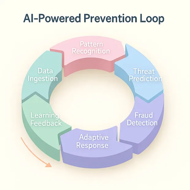 Circular AI-powered prevention loop diagram showing six stages: Pattern Recognition, Threat Prediction, Fraud Detection, Adaptive Response, Learning Feedback, and Data Ingestion.