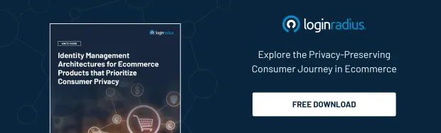 Illustration showing free downloadable resource from LoginRadius named Identity management architectures for ecommerce products that priortize consumer privacy.