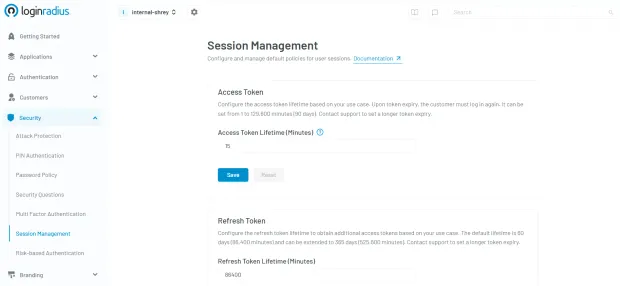 Illustration with LoginRadius dashboard showing session management setup with access token and refresh token settings under security settings.