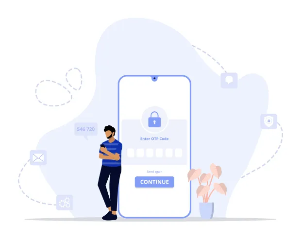 An illustration depicting a user with a mobile screen waiting for a one-time-password to be used as an authentication mechanism.