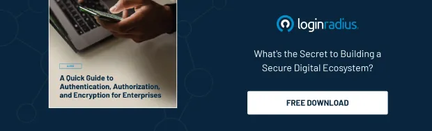 Illustration depicting a free downloadable resource from LoginRadius named- a quick guide to authentication, authorization, and encryption for enterprises.