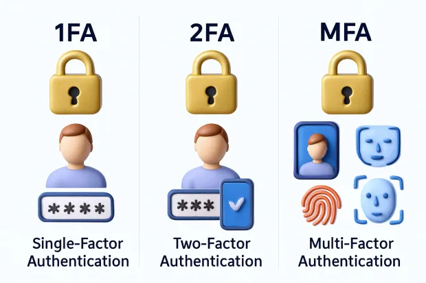 Illustration comparing 1FA, 2FA, and MFA. Single-factor uses a password, two-factor adds a second layer like a verification code, and multi-factor includes biometrics like fingerprint and facial recognition.