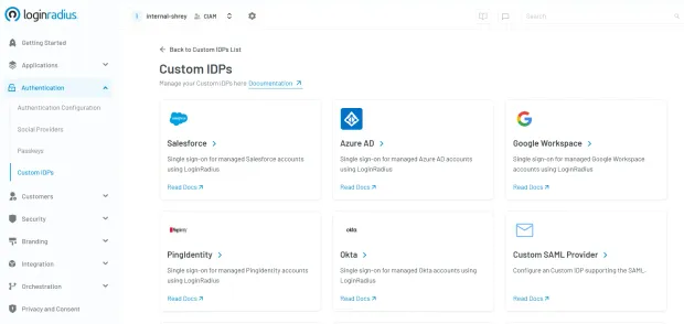 LoginRadius dashboard displaying Custom IDPs integration options. Supports SSO setup for providers like Salesforce, Azure AD, Google Workspace, Okta, and more.
