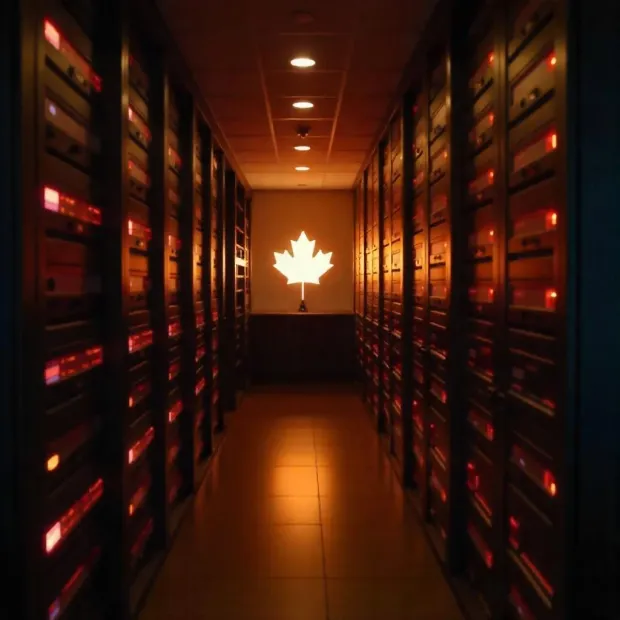 A secure data center with a glowing maple leaf symbolizes Canadian data residency.