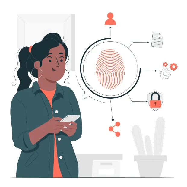 Illustration of a woman using a smartphone with a fingerprint icon surrounded by security and identity symbols, representing biometric authentication and digital privacy.