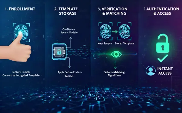 Illustration showing the biometric fingerprint authentication workflow from enrollment to access. Displays fingerprint capture, encrypted template storage, pattern matching, and final secure access.