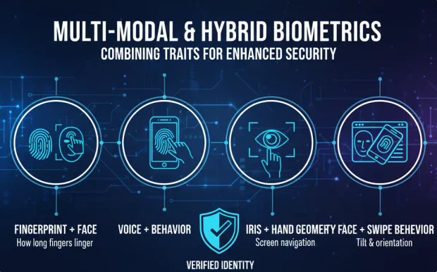 Multi-Modal & Hybrid Biometrics” graphic combining multiple biometric traits for security. Shows fingerprint + face, voice + behavior, iris + hand geometry + face + swipe behavior.