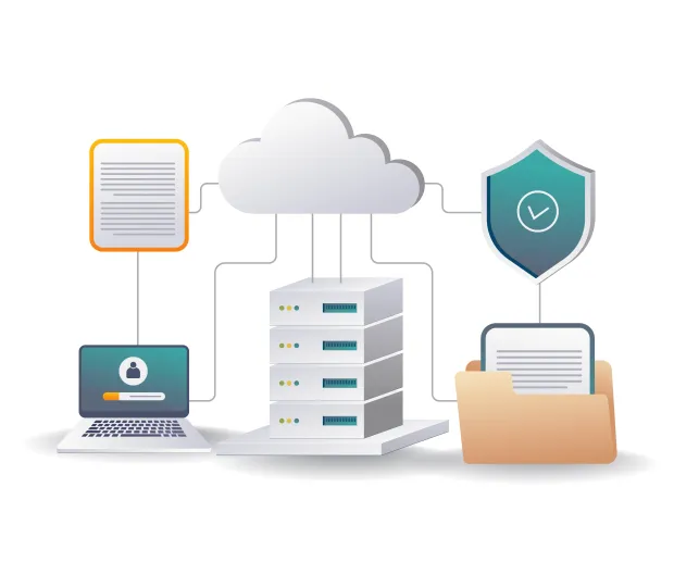 Illustration of cloud-based data infrastructure connecting servers, documents, a secure login, and shield icon. Depicts secure identity and access management in a digital ecosystem.