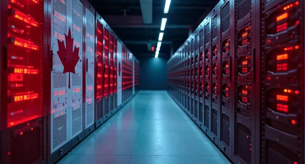 Data center hallway with glowing red server lights, featuring a prominent Canadian maple leaf. Represents secure, high-performance infrastructure for digital identity systems in Canada.