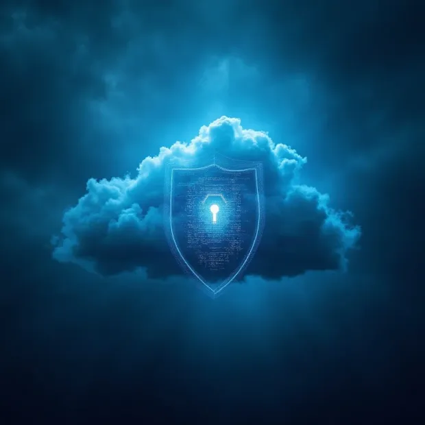 Digital illustration of a cloud with a glowing shield and keyhole symbol, representing cloud security. The blue-toned background emphasizes data protection in cloud computing.