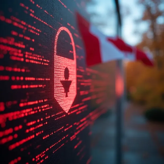 Digital lock icon in red data code on a screen, symbolizing cybersecurity. A Canadian flag in the background suggests data privacy or security regulations in Canada.