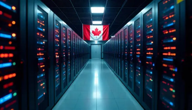 Canadian data center with rows of illuminated server racks. A Canadian flag hangs above the central aisle, symbolizing data sovereignty.