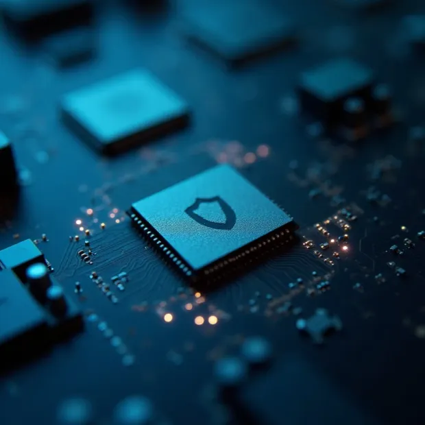 Close-up of a microchip with a shield icon symbolizing cybersecurity. Represents secure hardware-based data protection on a circuit board.