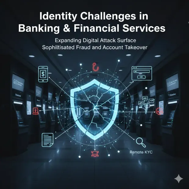 A dark, futuristic banking environment with ATMs overlaid by a glowing digital shield, symbolizing identity protection and cybersecurity. Text highlights identity challenges in banking, including expanding attack surfaces, fraud, account takeover, and remote KYC risks