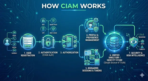 Illustration explaining how CIAM works, showing the steps of user registration, authentication, authorization, profile management, session and token handling, a unified identity store, and security with risk intelligence