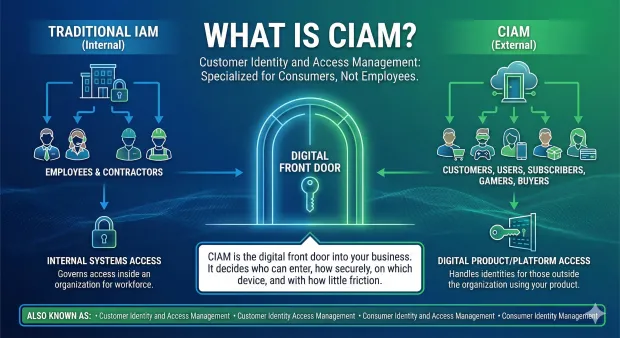 What is ciam illustration showing Customer Identity and Access Management as the digital front door to a business, contrasted with traditional IAM for employees. Visual icons compare internal workforce access with external customer, user, and subscriber access across digital products and platforms