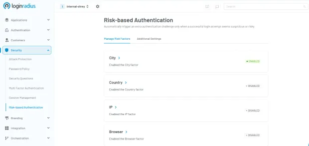 LoginRadius dashboard showing Risk-based Authentication settings with city factor enabled and other factors like country, IP, and browser disabled.