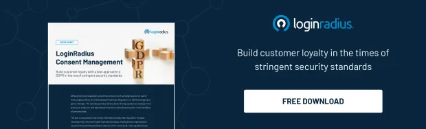 Advertisement banner for LoginRadius Consent Management highlighting GDPR and security standards. Includes a 'Free Download' button with text about building customer loyalty under stringent security standards.