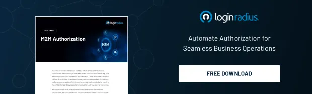 LoginRadius banner promoting M2M Authorization white paper with a call-to-action to download and automate secure machine-to-machine access for business operations.