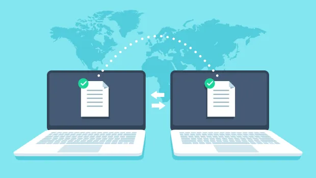 Illustration of secure data transfer between two laptops with check-marked documents, symbolizing successful file exchange across global locations.