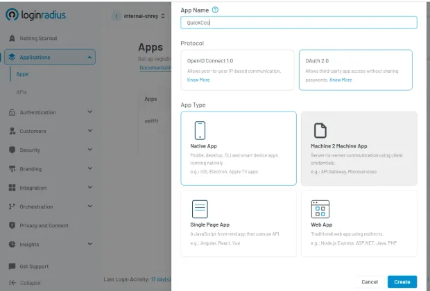 LoginRadius admin console displaying setup for a Machine-to-Machine (M2M) application, showing protocol selection and app type configuration for secure server-to-server communication.