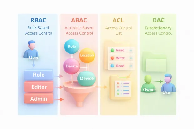 Illustration showing comparison between RBAC, ABAC, ACL, and DAC