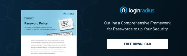LoginRadius Password Policy datasheet promotional banner with a call-to-action to download a comprehensive framework for password security.