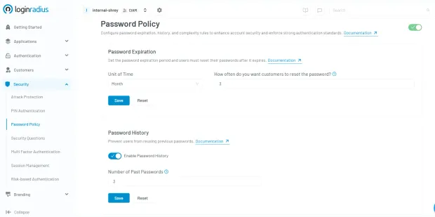 LoginRadius dashboard showing the Password Policy settings, including configurable options for password expiration and password history to enhance account security.